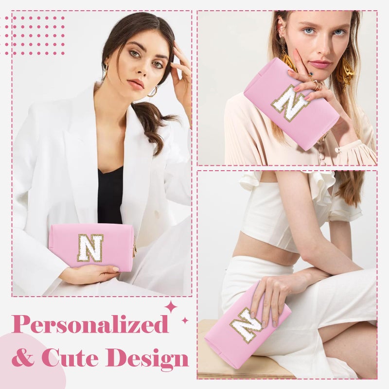 ChaoGreat حقيبة مكياج أولية مخصصة من A-Z Preppy Patch صغيرة من البولي يوريثان على شكل حرف شانيل حقيبة مستحضرات تجميل مع سحاب للفتيات المراهقات وردي لطيف حقيبة تنظيم أدوات الزينة حقيبة مكياج هدية للنساء والفتيات حرف N - Image 4